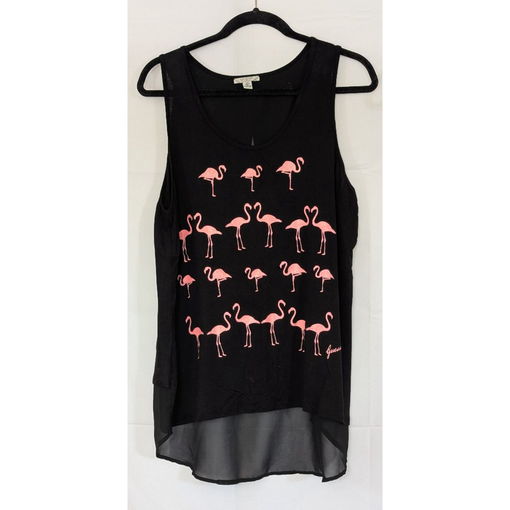 GUESS Women's Black Tank Pink Flamingo Graphic Large